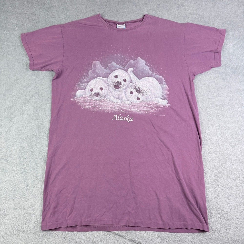 Vintage 1994 Hanes Her Way Alaska Seals Graphic T-Shirt Single Stitch Purple OS